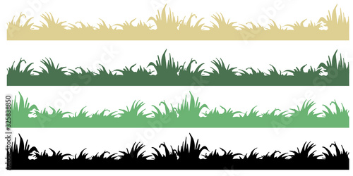 Set green and black grass illustration: natural, organic, bio, eco label and shape on white background.