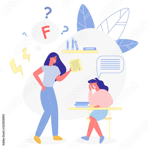 Mother with Grades Report, Yelling at Her School Age Daughter. Moms Reaction to Bad Marks. Troubled Child with Poor Result and Bad Grades in School. Girl, Hanging Her Head in Shame, Crying Aloud.