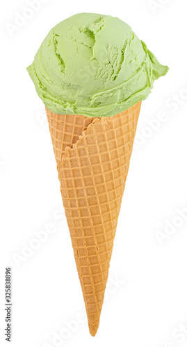 pistachio ice cream in the cone on white background with clipping path