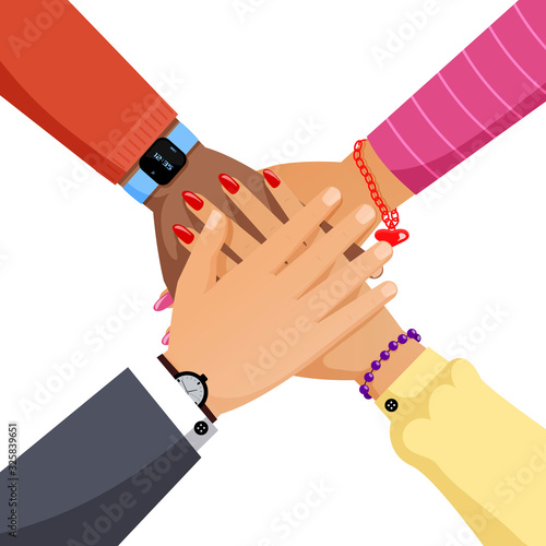 Group of people hands together flat vector illustration. Cooperation, partnership, teamwork cartoon concept.