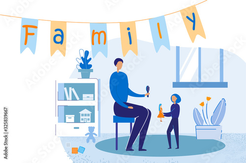 Happy Family Playing at Home. Father and Little Daughter Sitting in Living Room Spending Time at Game with Doll. Evening or Weekend Leisure, Sparetime Together Cartoon Flat Vector Illustration, Banner