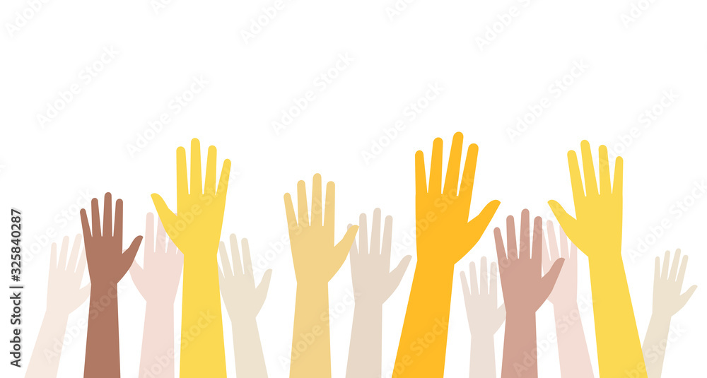 Raising up hands. Teamwork, community, volunteering, education or business concept.