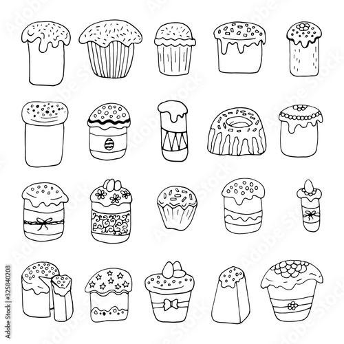 Set of hand drawn easter cake, bread with eggs. Doodle vector illustration in cute style. Element for greeting cards, posters, stickers and seasonal design. Isolated on white background