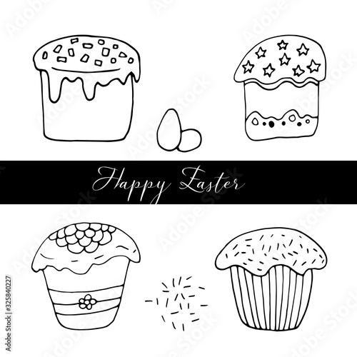 Set of hand drawn easter cake, bread with eggs. Doodle vector illustration in cute style. Element for greeting cards, posters, stickers and seasonal design. Isolated on white background