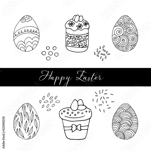 Set of hand drawn easter cake, bread with eggs. Doodle vector illustration in cute style. Element for greeting cards, posters, stickers and seasonal design. Isolated on white background