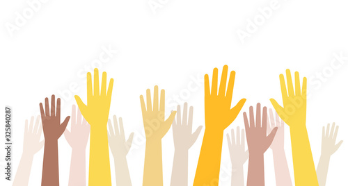 Raising up hands. Teamwork, community, volunteering, education or business concept.