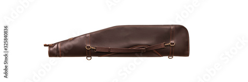Brown leather case for weapons isolate on a white background. Luxury chesol for storage and transportation of hunting rifles.