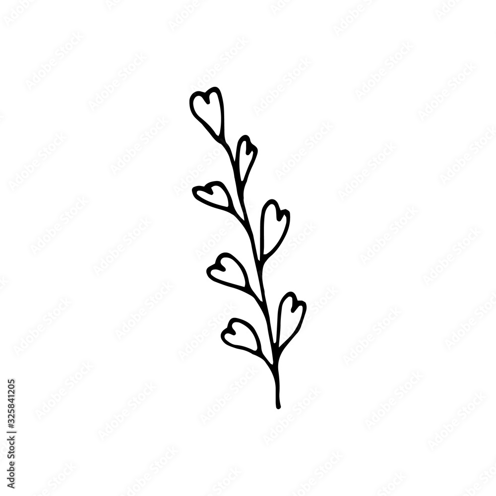 Cute single hand drawn herbal elements with heart leaves. Spring flowers. Doodle vector illustration for wedding design, logo, greeting card and seasonal design