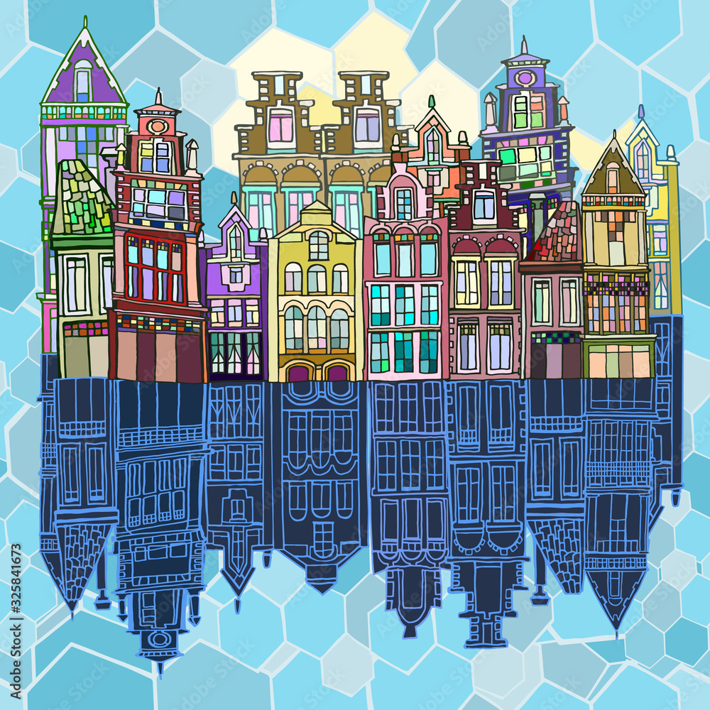 Fototapeta Abstract colorful illustration with hand drawn elements featuring fictional Dutch town in spring.  