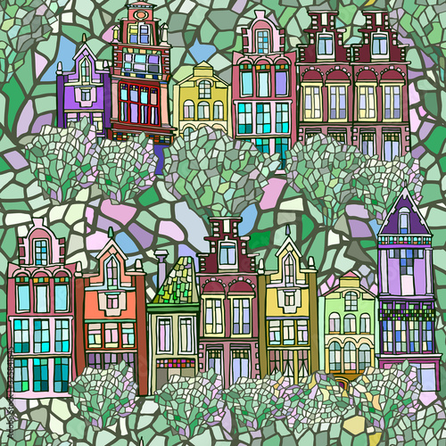 Abstract colorful illustration featuring fictional Dutch town in spring. Hand drawn. 