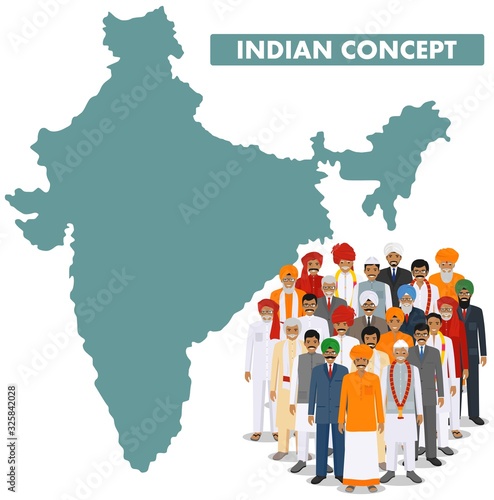 Family and social concept. Group indian young and adult people standing together in different traditional national clothes on background with map of India in flat style. Vector illustration.