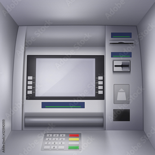 Vector Realistic Illustration of a ATM Machine with blank Interface, Keypad, Slot for Credit Card and Currency.