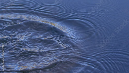Calm water is disturbed by a rock splashing in slow motion creating ripples