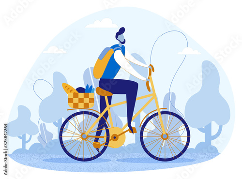 Cartoon Young Man Character Riding Bicycle Carrying Groceries Shopping Basket and Backpack. Bearded Male Person Cycling in Park. Picnic on Nature. Healthy Lifestyle. Vector Flat Illustration