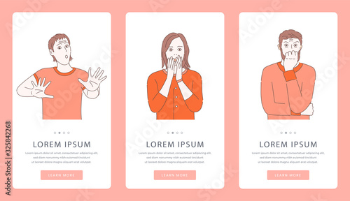 Mental problems or psychology counseling mobile app screens. Scared, terrified, hysterical men and women.