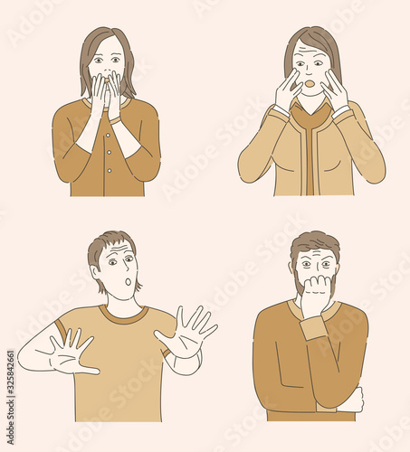 Scared women in panic, terrified men vector illustration. Mental health, psychology problem outline concept.