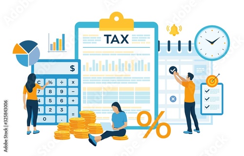 Concept tax payment. Data analysis, paperwork, financial research report and calculation of tax return. Payment of debt. Government, state taxes. Vector illustration in flat style with characters. photo
