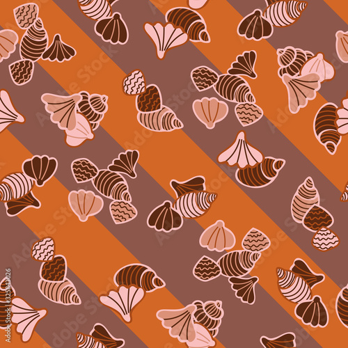 Seashells and diagonal stripes seamless vector pattern in rust and brown. Beach themed surface print design.