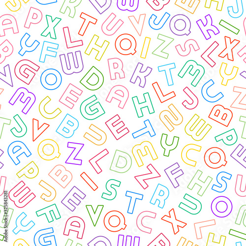 Vector seamless alphabet pattern with colorful outline latin letters. Bright funky print. Multicolor vibrant repeatable unusual background