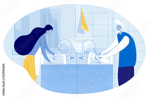 Cartoon People Characters Washing Dish. Home or Restaurant Kitchen Interior. Housewife or Catering Workers. Young Woman and Old Senior Man Cleaning Glasses and Plates. Vector Flat Illustration