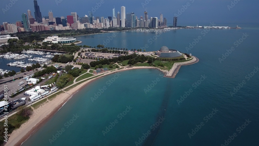 Fototapeta premium Chicago, Illinois lakefront aerial seen from the shores of Lake Michigan in late summer