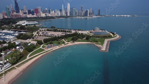 Chicago, Illinois lakefront aerial seen from the shores of Lake Michigan in late summer