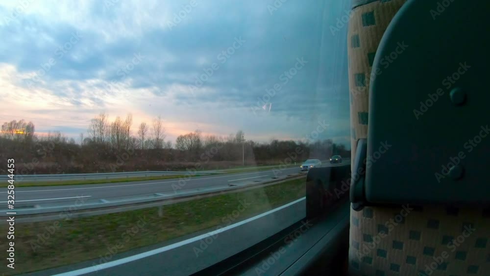 Bus Ride On A Highway Trough Croatia Countryside With Beautiful Blue Sky Bus Ride On A Highway Trough Croatia Countryside With Beautiful Blue Sky