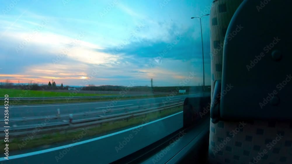 Bus Ride On A Highway Trough Croatia Countryside With Beautiful Blue Sky Bus Ride On A Highway Trough Croatia Countryside With Beautiful Blue Sky