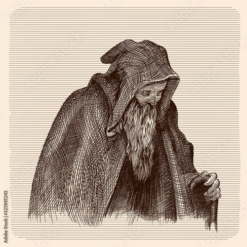 Beggar old man in a dark cloak and a hood with a staff.