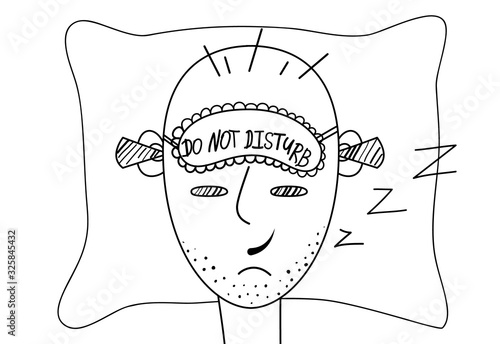 A man with a blindfold lies on the bed. Cartoon male character with earplugs and sleep mask. On the mask text Do Not Disturb. Smiling bald man with head on pillow. Line drawing, vector illustration
