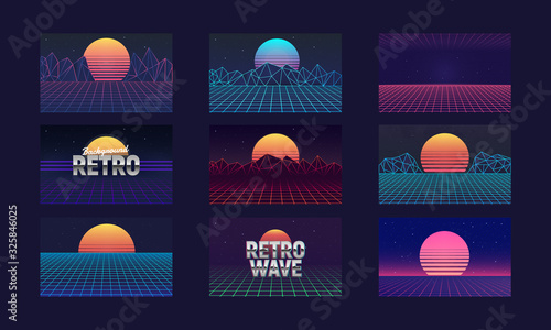 Vaporwave backgrounds with laser grid and retro sun. Retro futuristic sunsets - abstract landscapes 80s. Set of Cyberpunk backgrounds templates. Vector illustration