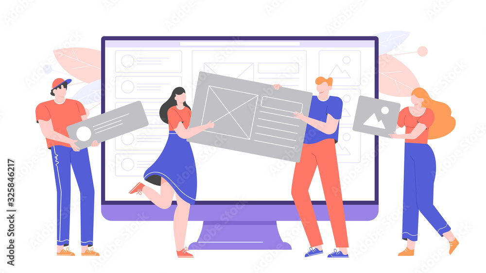 Web developers and designers build a website. Team work, development studio, programmers, startup. Characters hold cards and frames. Web page layout monitor. Vector flat illustration. Web developers and designers build a website. Team work, development studio, programmers, startup. Characters hold cards and frames. Web page layout monitor. Vector flat illustration.