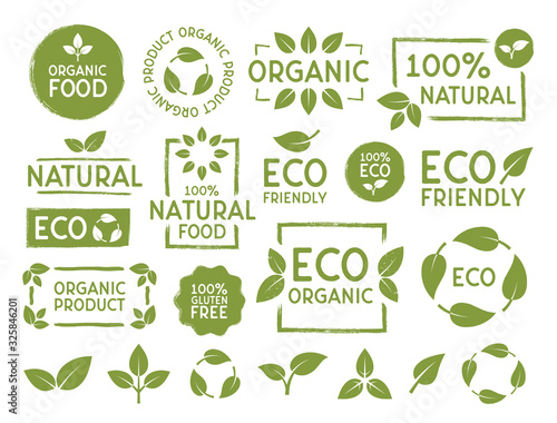 Set of Eco, bio, organic and natural products stickers, labels, badges and logos. Ecology icons set. Logo templates with green leaves for organic and eco friendly products. Vector illustration photo