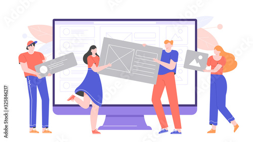 Web developers and designers build a website. Team work, development studio, programmers, startup. Characters hold cards and frames. Web page layout monitor. Vector flat illustration.