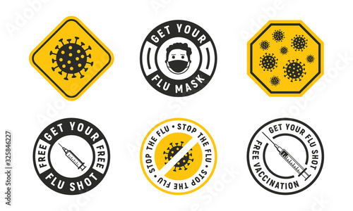 Vector Set of 6 Flu signs, stickers, badges and logos. Warning virus, stop the virus, flu shot, free vaccination, medical mask. Flu labels design isolated on white background.
