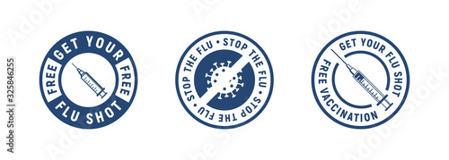 Set of 3 medicine labels with syringe, bacteria or virus icons. Get your flu shot, Vaccination, Stop the flu. Modern minimal design. Medical labels, logos, badges for pandemia. Vector illustration