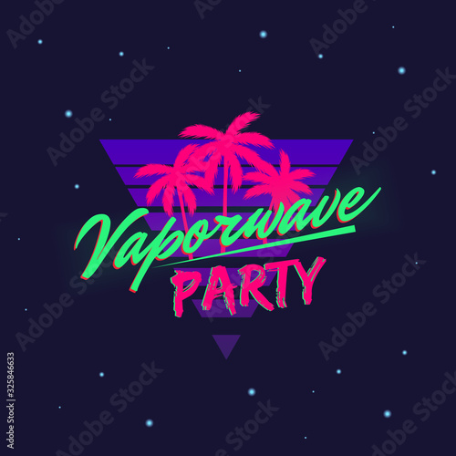 Vaporwave retro neon logo with beach palms isolated on dark background. Trendy neon 80's design. Vector illustration