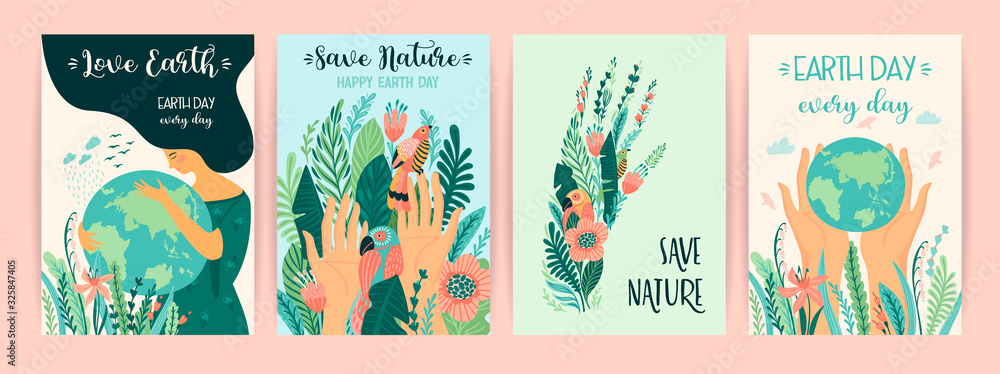Earth Day. Save Nature. Vector templates for card, poster, banner, flyer.