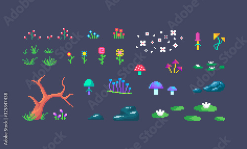 Pixel art forest plants. Environment objects for design.