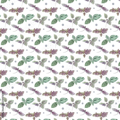 seamless floral pattern with watercolor basil leaves and polka dots. Elements isolated on white background. Ideal for textile and interior design
