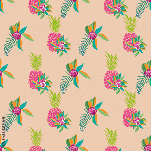 Pineappel Spring-Fruit Delight modern pattern. Pineapple,flowers and leaves seamless repeat pattern in pink,orange,green,white and cream. Pattern design, Perfect for fabric, scrapbook, wallpaper. © Tal la Vie