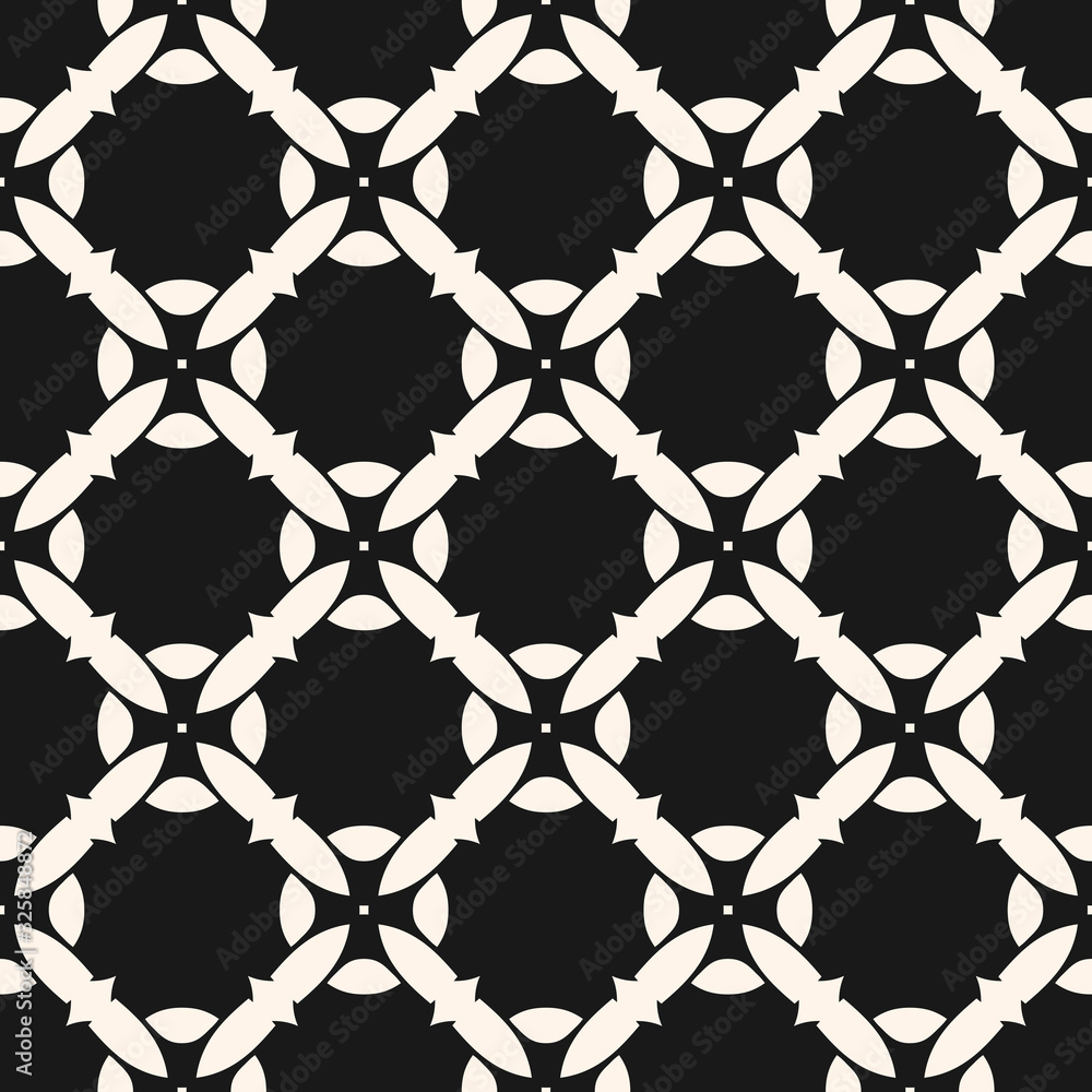 Naklejka premium Vector seamless pattern with mosaic tiles. Monochrome geometric floral ornament, abstract background texture with carved shapes, grid, lattice. Black and white repeat design for decor, textile, fabric