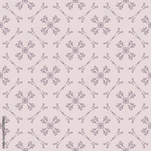 Ornamental seamless pattern with carved shapes, delicate grid, crosses. Abstract geometric background in soft pastel colors, pallid purple and soft pink. Elegant subtle lace texture. Decorative design