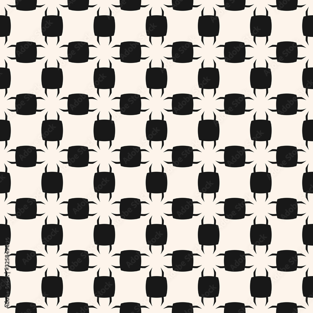 Vector abstract black and white geometric pattern. Simple seamless texture with small squares, grid, stylized flower shapes. Modern minimal monochrome background. Repeat design for prints, wrapping Vector abstract black and white geometric pattern. Simple seamless texture with small squares, grid, stylized flower shapes. Modern minimal monochrome background. Repeat design for prints, wrapping
