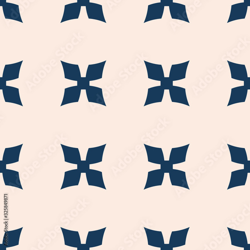 Simple vector floral texture. Geometric seamless pattern with flower silhouettes, crosses. Abstract monochrome ornamental background. Dark blue and beige minimalist ornament. Repeated design
