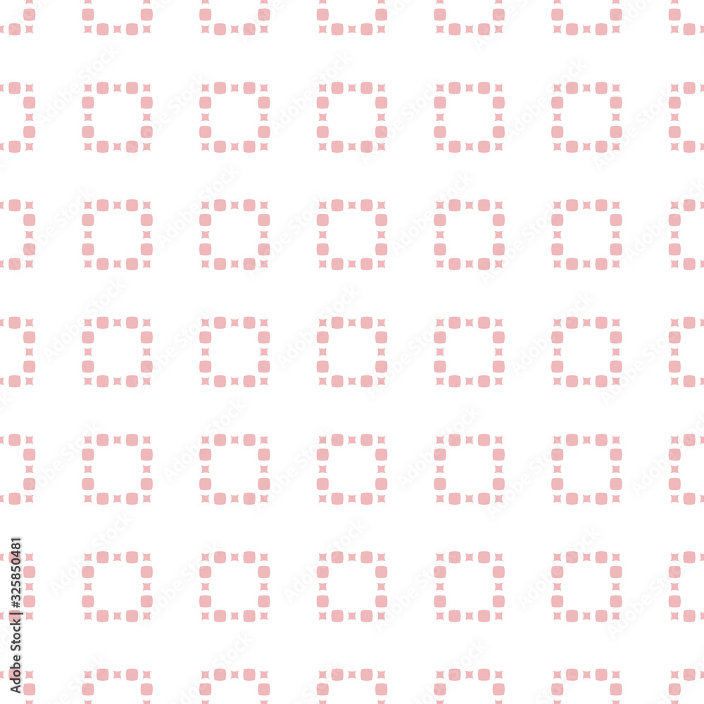 Vector minimalist seamless pattern with small squares and dots. Pink and white background. Simple abstract geometric texture. Delicate minimal ornament. Repeat design for decor, wallpapers, linens