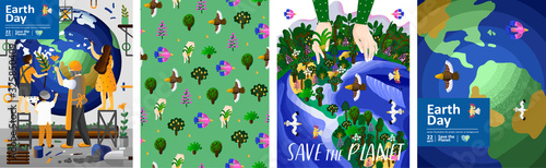 Set of vector posters for Earth Day with people, care planet