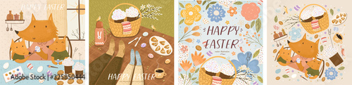 Happy Easter! Set of illustrations with fox family paints eggs; couple celebrating on picnic; Easter cakes in basket, flowers and isolated objects. Vector cute drawings for card, postcard or poster
