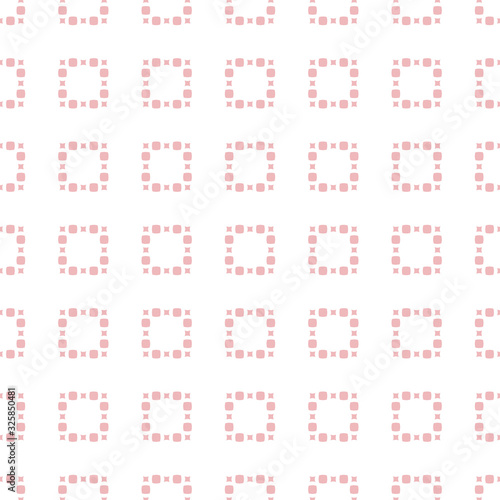 Vector minimalist seamless pattern with small squares and dots. Pink and white background. Simple abstract geometric texture. Delicate minimal ornament. Repeat design for decor, wallpapers, linens