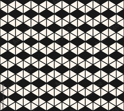 Geometric triangles seamless pattern. Vector black and white abstract texture with small triangular shapes, hexagonal grid, lattice, rhombuses. Simple monochrome graphic background. Repeated design
